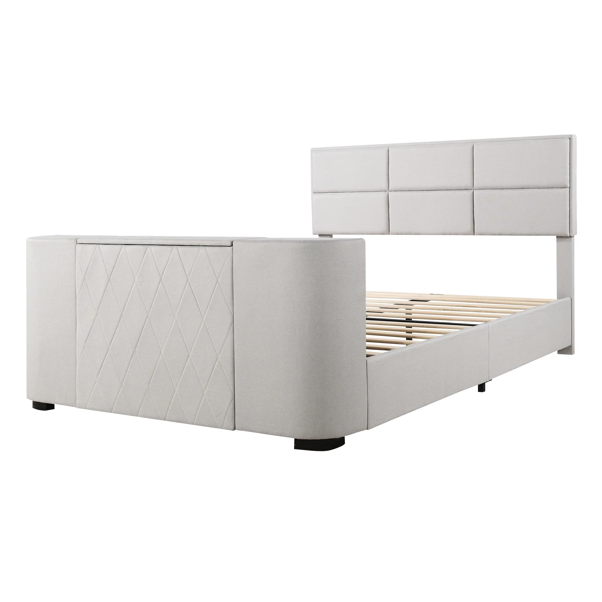 Euroco Upholstery Queen Size Platform Bed, Gaming Bed with Hidden TV Mount and Adjustable Headboard for Living Room, Beige