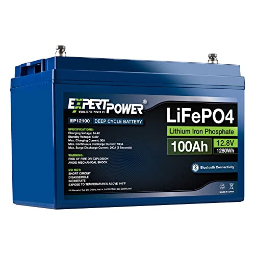 ExpertPower 12V 100Ah Lithium LiFePO4 Deep Cycle Rechargeable Battery | Bluetooth | 2500-7000 Life Cycles & 10-Year Lifespan | Built-in BMS | RV, Van