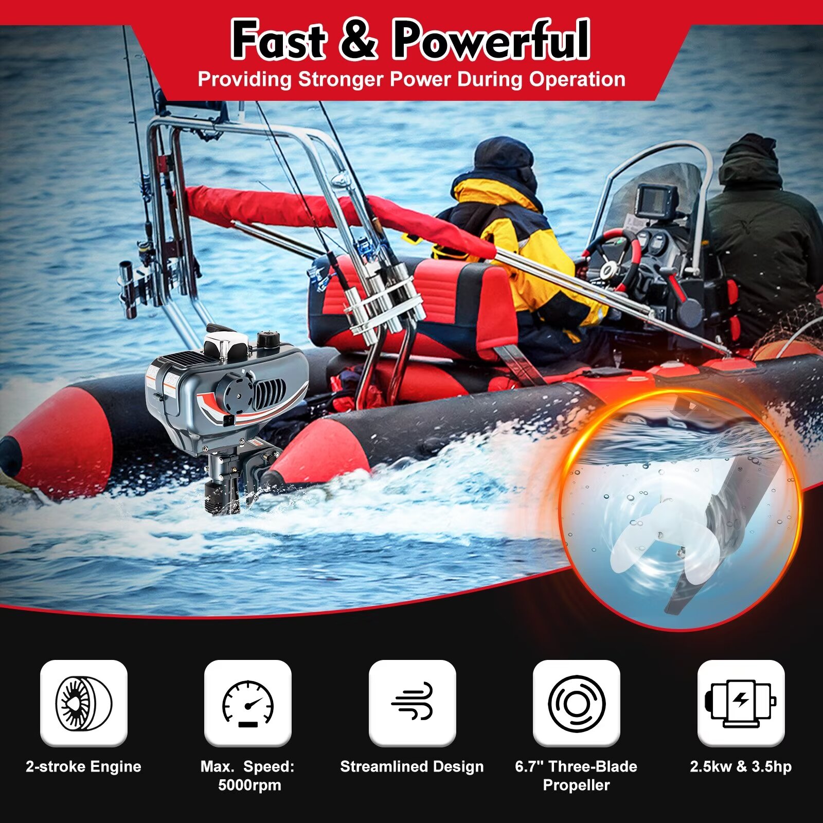 OUKANING 2 Stroke 3.5HP Outboard Motor Heavy Duty Boat Engine CDI & Water Cooling System