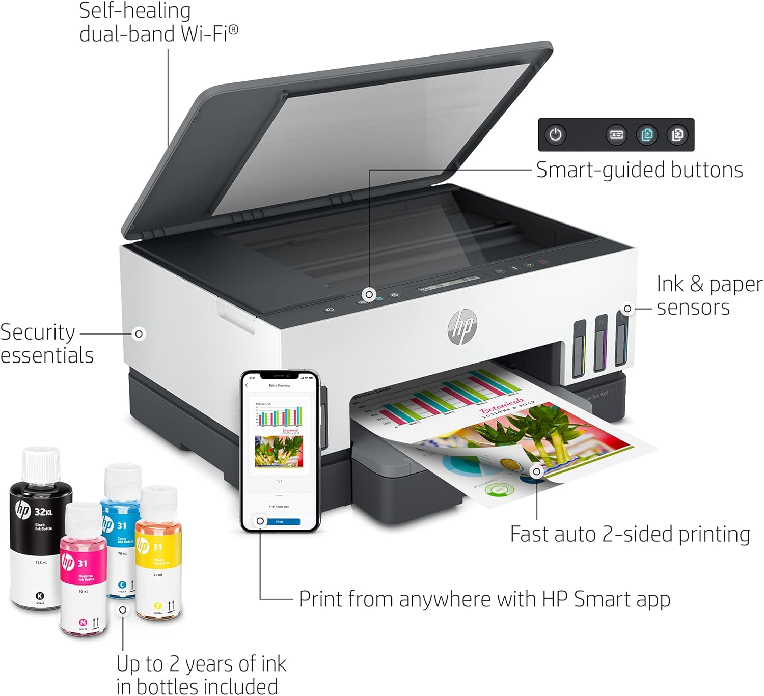 HP Smart -Tank 7001 Wireless All-in-One -Cartridge-free Ink -Tank Printer, up to 2 years of ink included, mobile print, scan, copy (28B49A)
