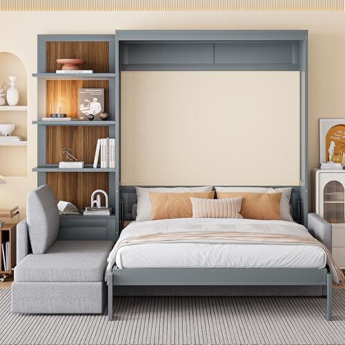 HABITRIO Queen Size Murphy Bed, Wooden Queen Murphy Bed Frame with Shelves, Wall Bed with L-Shape Sofa, Gray