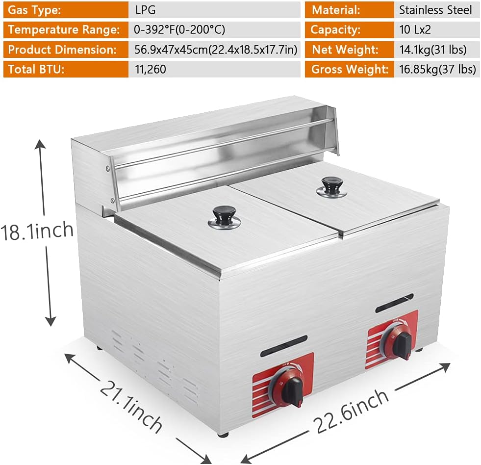 Commercial Gas Deep Fryer 10L*2 with 2 Basket and Lids Cover Stainless Steel Countertop Propane-LPG GF-72 Propane (LPG) W/Metal Tube Double Deep