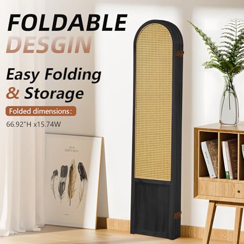 5.9 Ft Tall Hand-Woven Rattan Room Divider 3 Panels, Wood Room Divider Panel, Folding Screen Divider Wall, Wall Divider for Room Separation