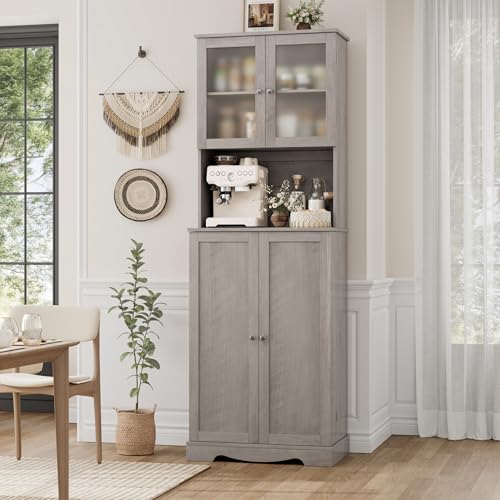 HOSTACK 71'' Pantry Cabinet, Tall Storage Cabinet with Microwave Stand, Freestanding Kitchen Hutch with Doors and Adjustable Shelves