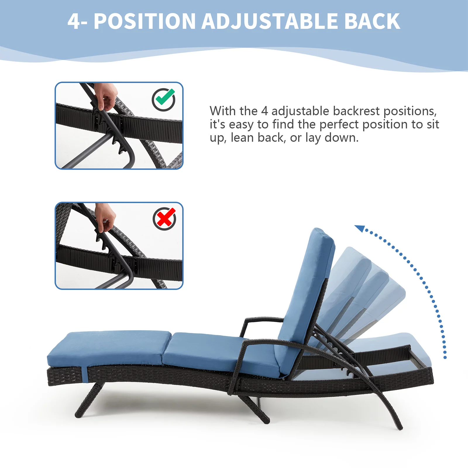 HOMREST Chaise Lounge Chair with 5 Adjustable Position Thickened Cushion Outdoor Reclining Chaise for Patio Backyard(BLUE)