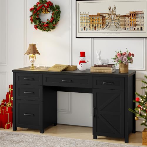 Farmhouse 61'' Executive Desk with 5 Drawers, Rustic Office Desk Computer Desk with Charging Station, File Drawers and Storage Cabinet
