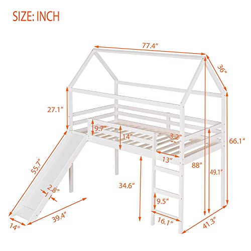 Merax Twin Over Twin House Bunk Bed Frames with Slide and Storage Staircase, No Box Spring Needed, White