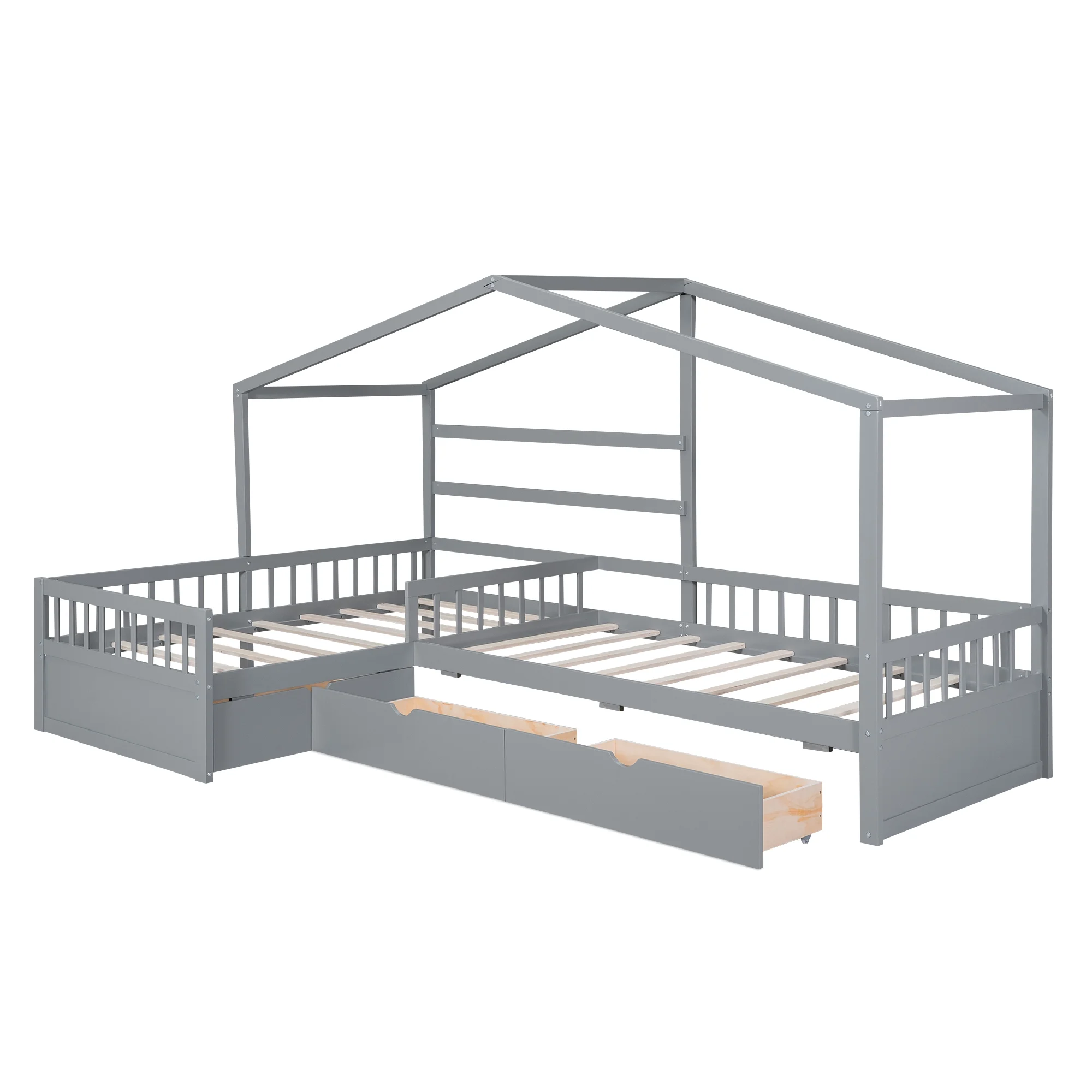 Churanty L Shaped Twin Bed for 2 Kids, Twin Size House Platform Bed with 3 Storage Drawers, Wood Double Twin Beds with Fence and Roof