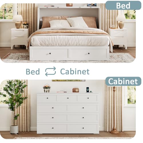 Queen Murphy Bed with Storage & Charging Station, Murphy Cabinet with Foldable Panel, Noisy Free, for Guest Bedroom, Living Room, Office