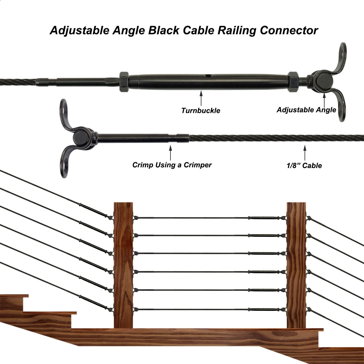 Toukioo Black Cable Railing Hardware Kit, for 1/8 Stainless Steel Cable Railing System for Wood Posts, Swage Toggle Turnbuckle 10 Pairs