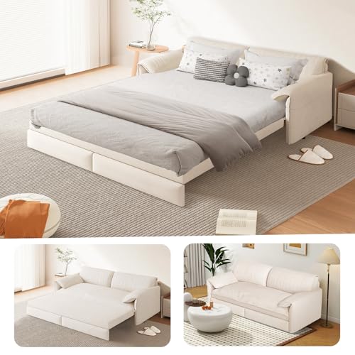 66-Inch Queen Size Convertible Sleeper Sofa Bed, 3-in-1 Pull-Out Futon Loveseat, Velvet Love Seat Couch with Side Pocket for Living Room, Office