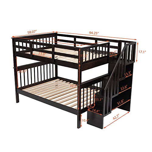Ball & Cast Full Over Full Bunk Bed with Twin Size Trundle and Built in 4 Drawer,Wood Bunkbed w/Storage Ladder & Slat Support
