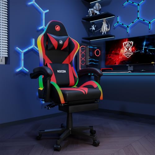 Gaming Chairs for Adults Tall and Kids，Lumbar Support,LED Lights，High Back Reclining Computer Chair with Headrest (Black+Blue)