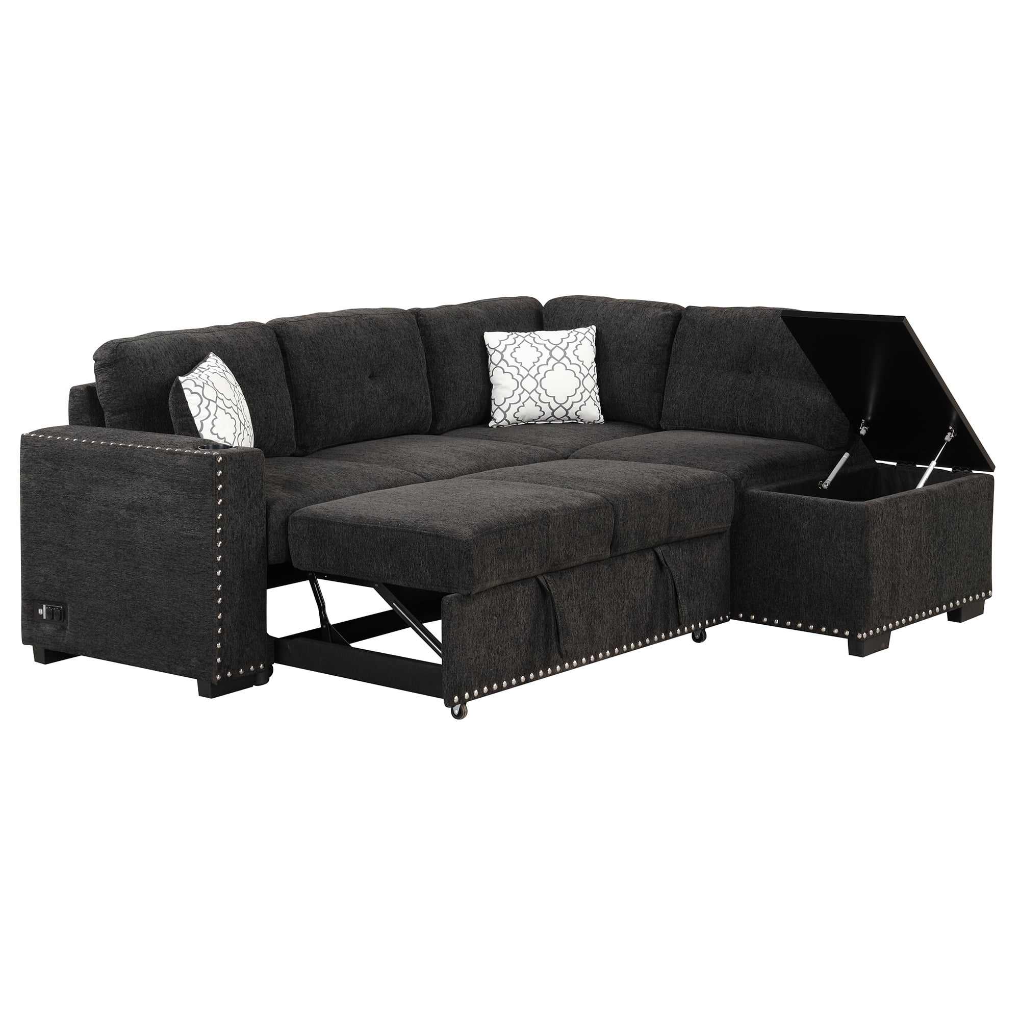Reversible Sectional Pull-Out Sofa Bed L-Shaped Corner with Storage Chaise, Black