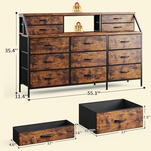 55" W Dresser for Bedroom, Dressers & Chests of Drawers with 13 Fabric Drawers and 2 Open Shelves, Long Vanity Dressers for Bedroom & Closet