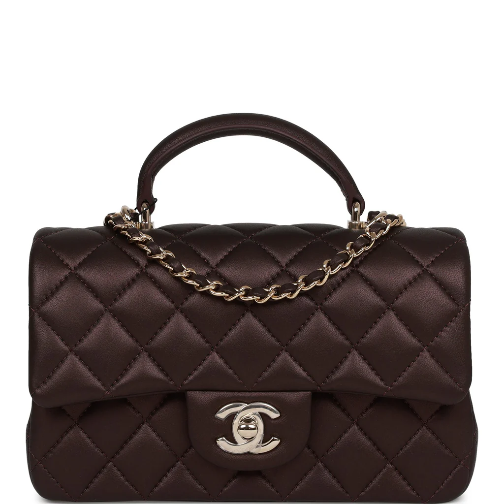 Chanel Mini Rectangular Flap Bag with Top Handle Burgundy Lambskin Light Gold Hardware - SAKE OFF 5TH