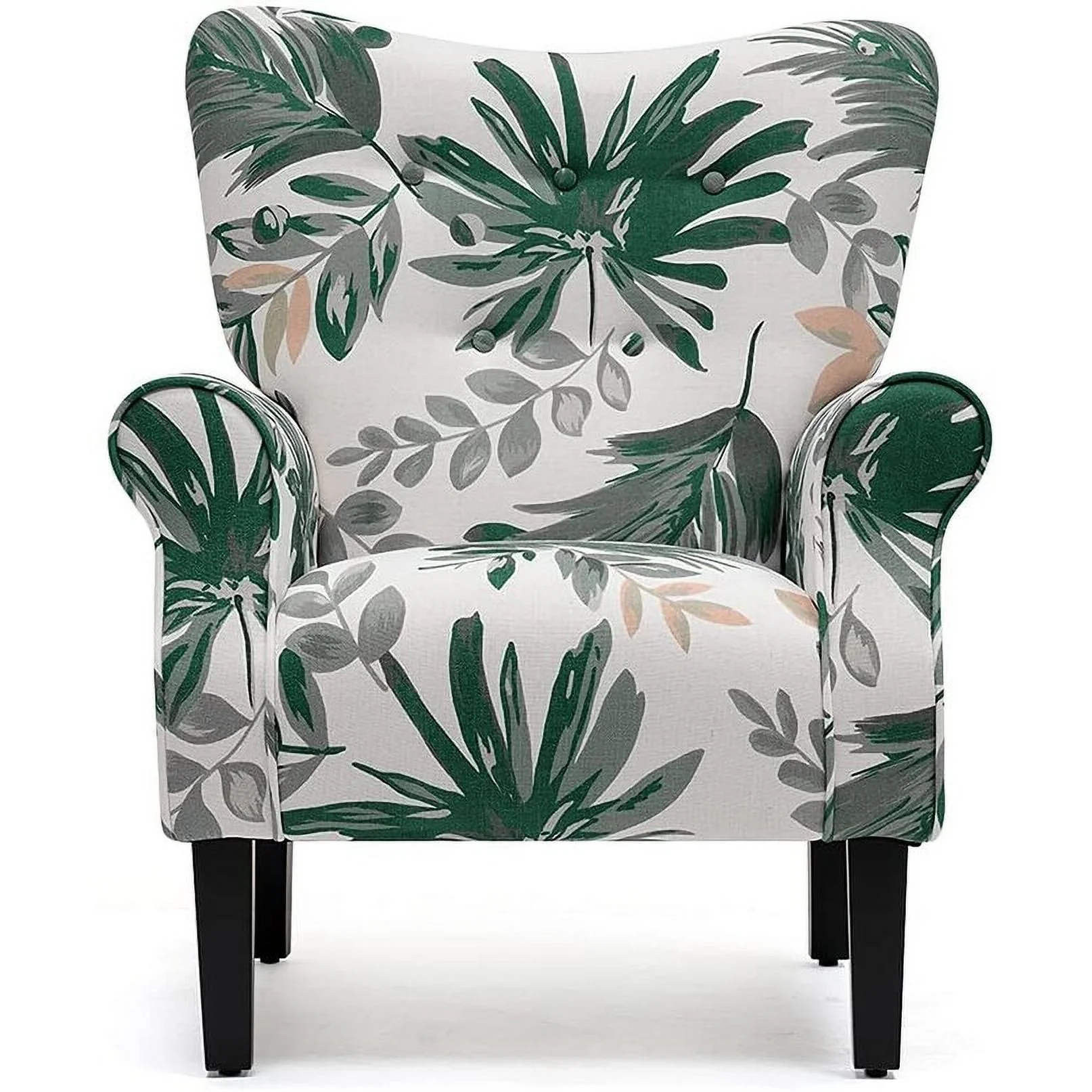 Erommy Wing back Arm Chair, Upholstered Fabric High Back Chair with Wood Legs Green leaves Floral