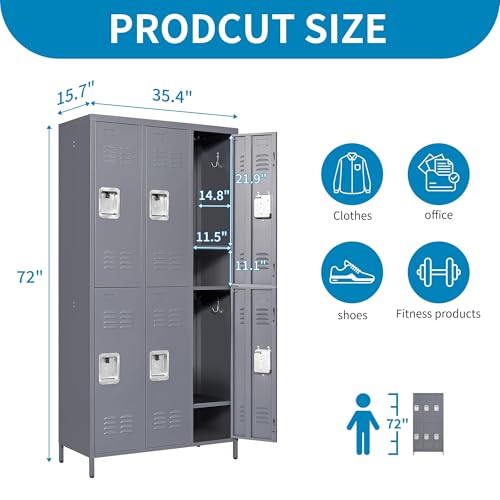 6 Doors Metal Lockers for Employees 72" H Storage Cabinet Lockable Locker with Shelves Steel Storage Locker for Gym School Office Home Requires