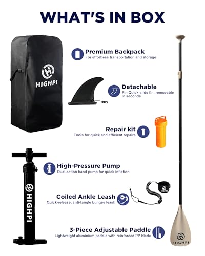 Highpi Inflatable Stand Up Paddle Board Premium SUP Accessories, Backpack, Wide Stance, Surf Control, Non-Slip Deck, Leash, Paddle and Pump