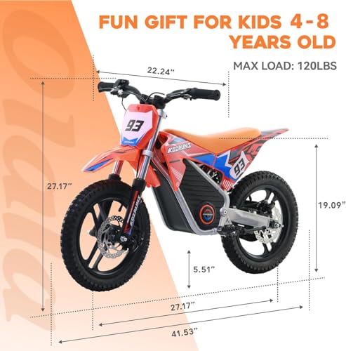 OLALA 36V Electric Dirt Bike for Kids Aged 4-8, Brushless 350W Racing Grade Electric Motorcycle, Up to 18.6MPH & 3 Speed Settings, Dual Disc Brakes
