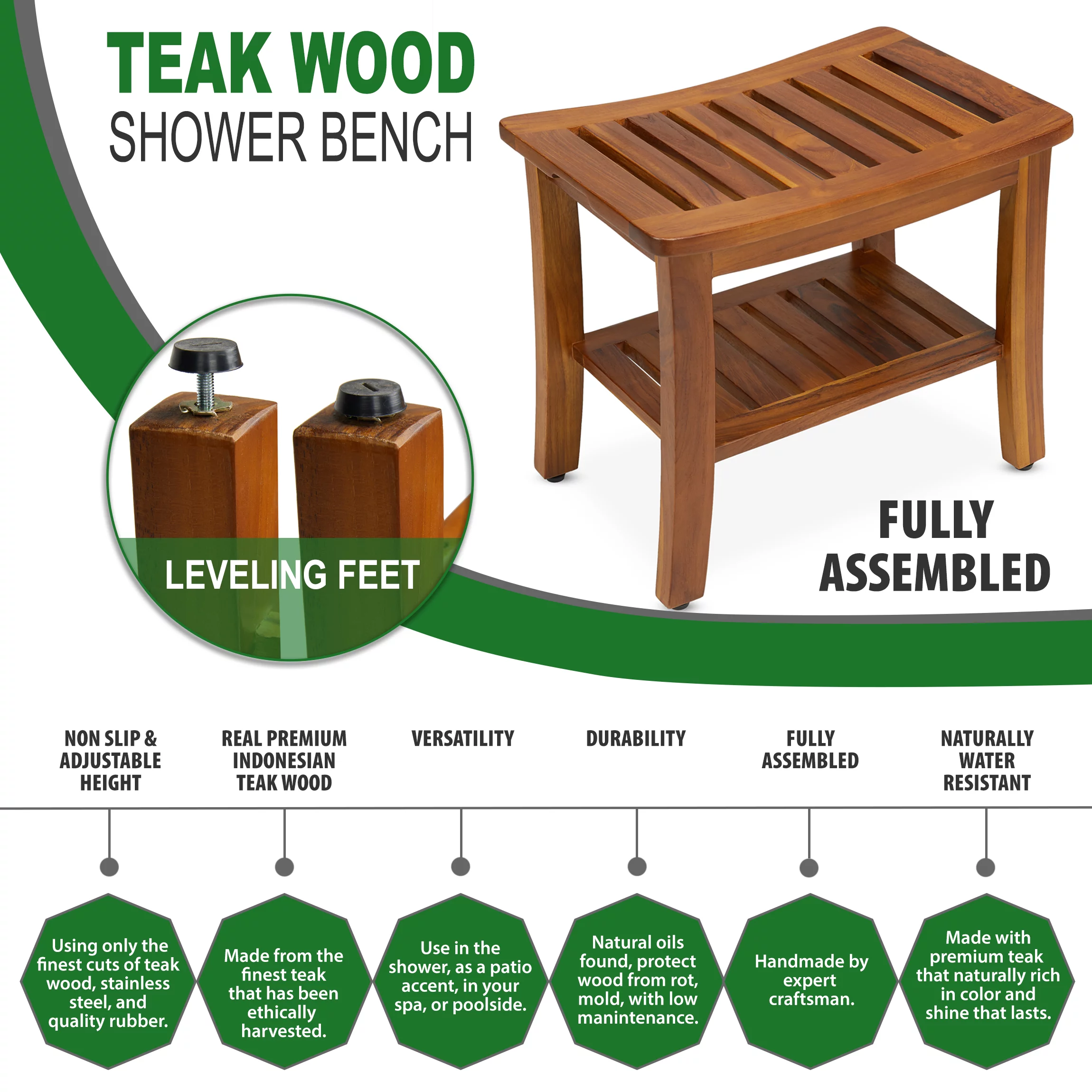 TeakCraft Teak Shower Bench with Shelf 21 Inch, Fully Assembled Teak Wood Shower Stool & Spa, Shower Bench for Elderly, Indoor and Outdoor Use