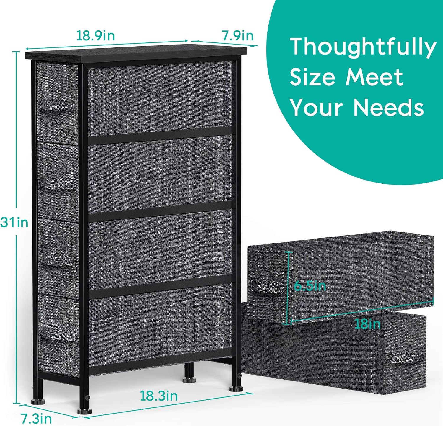 FURNINXS Narrow Vertical Dresser Chest Storage Tower with 4 Fabric Drawer Bin Organizer Unit Slim Furniture for Bedroom, Closet, Hallway, Entryway