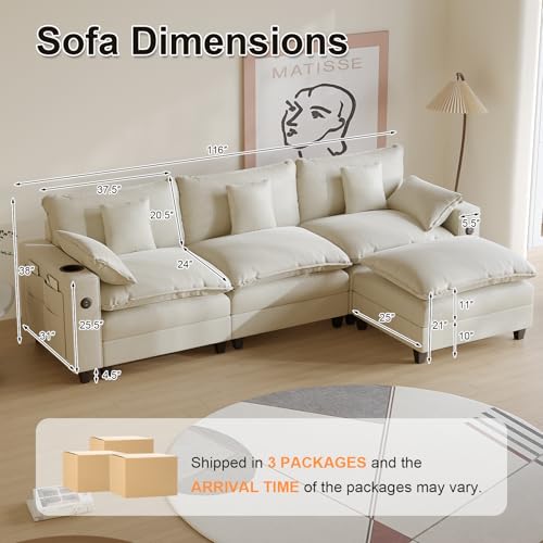 Modular Sectional Sofa, Cloud Couch with Ottoman, Charging Station, Throw Pillows, Cup Holders, Modern Convertible U Shaped Couches for Living Room