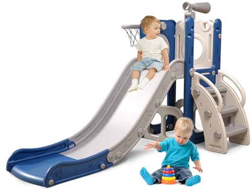 6 in 1 Toddler Playset with Slide, Kids Slide with Basketball Hoop, Ball, Ring Toss, Indoor Outdoor Toys (White Grey)