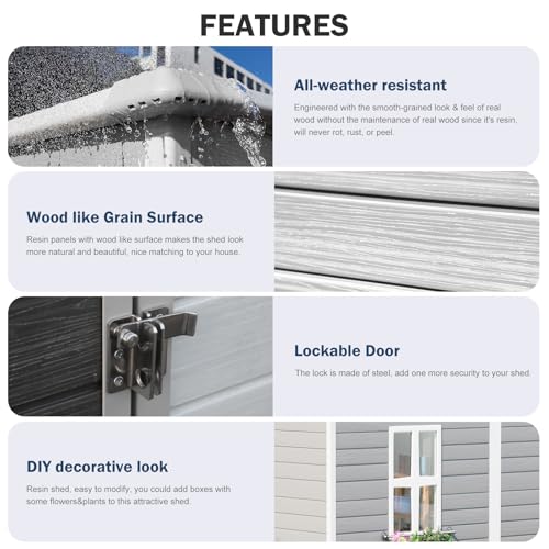 Outdoor Resin Storage Shed with Floor 8x6x7 FT Waterproof Wider Door Outside Plastic Sheds Kit for Backyard Garden Patio Lawn Tools, Gray