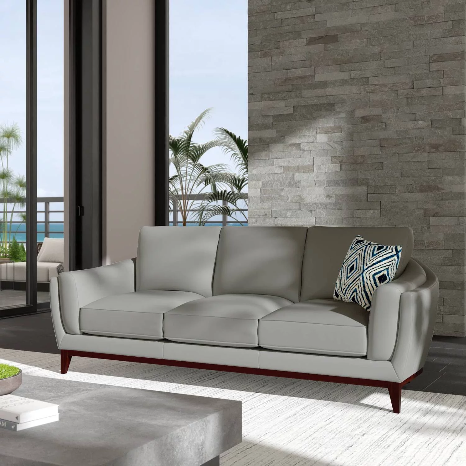 Hello Sofa Home Rio Modern Wood and Top Grain Leather Sofa in White