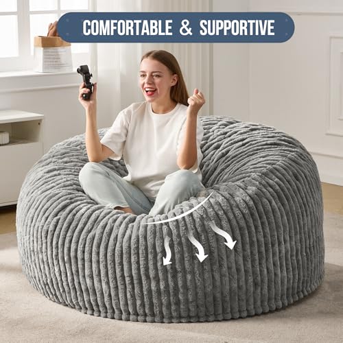 Hobestluk 5ft Bean Bag Chairs for Adults Large Beanbag Chair with Stripe Plush Cover Big Bean Bag Chair for Living Room Bedroom Dorm Office -Black
