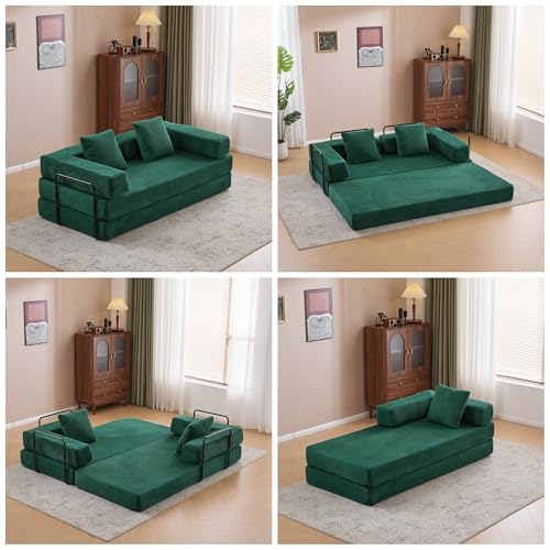 Convertible Floor Sofa Bed, Foldable Mattress Cloud Couch with Pillow Back & Armrest, Chenille Sleeper Sofa Bed with Fixed-Shape Frame