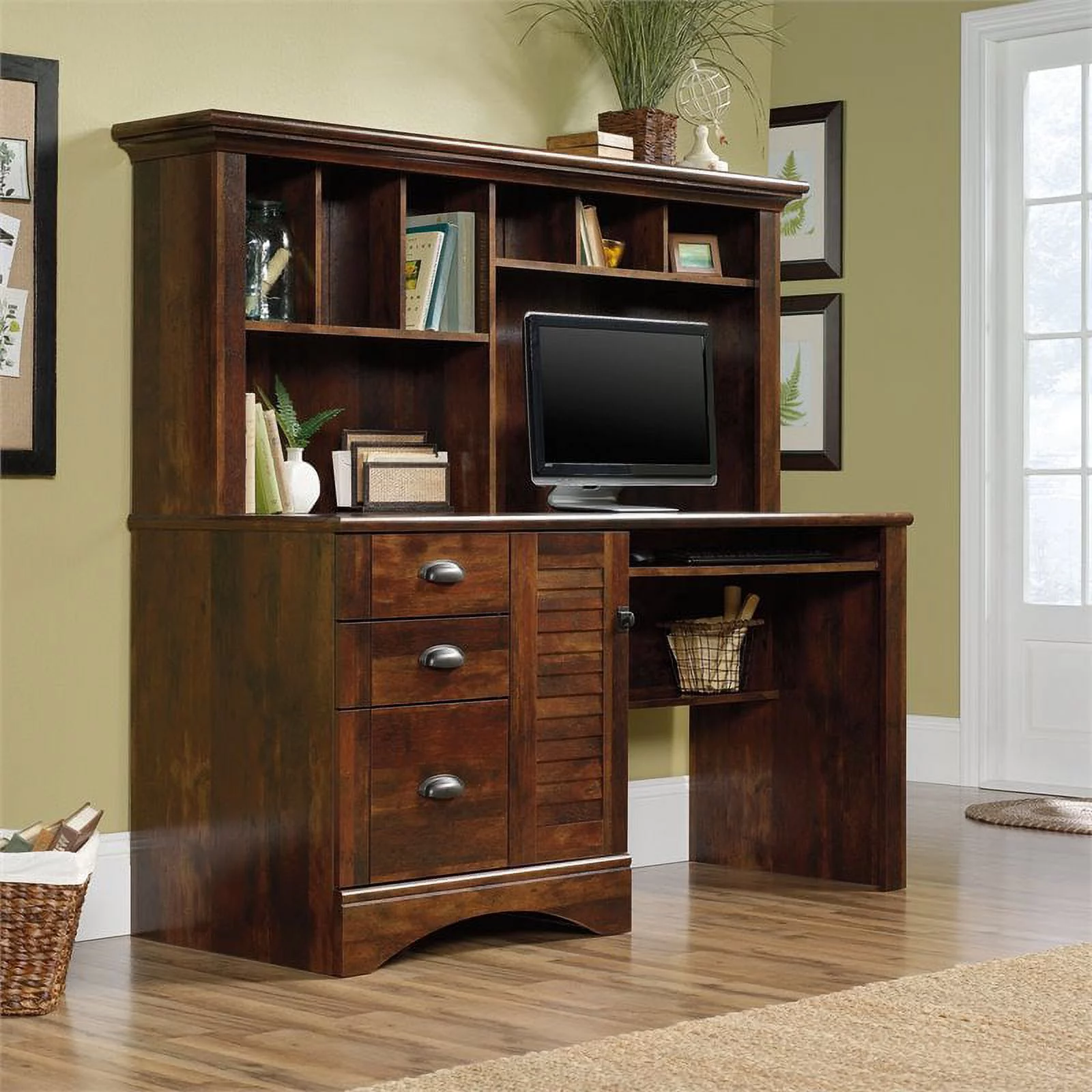 Pemberly Row Computer Desk and Hutch with CPU Storage and Keyboard Drawer, Curado Cherry