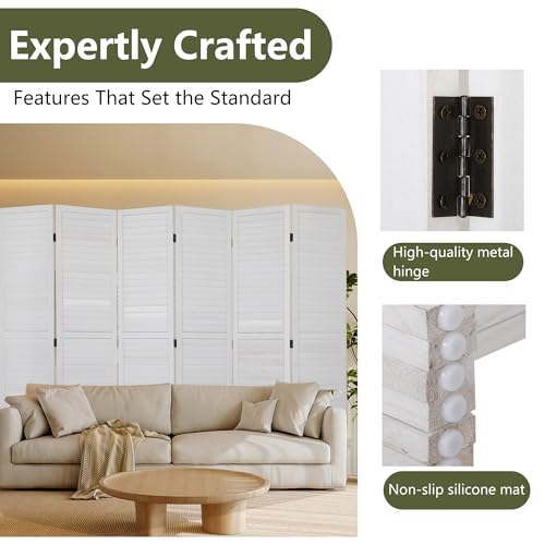 Room Divider 6 Panel Wood Privacy Screen Folding Partition Wall Room Dividers Freestanding White 5.57 FT Tall Divider for Room Separation