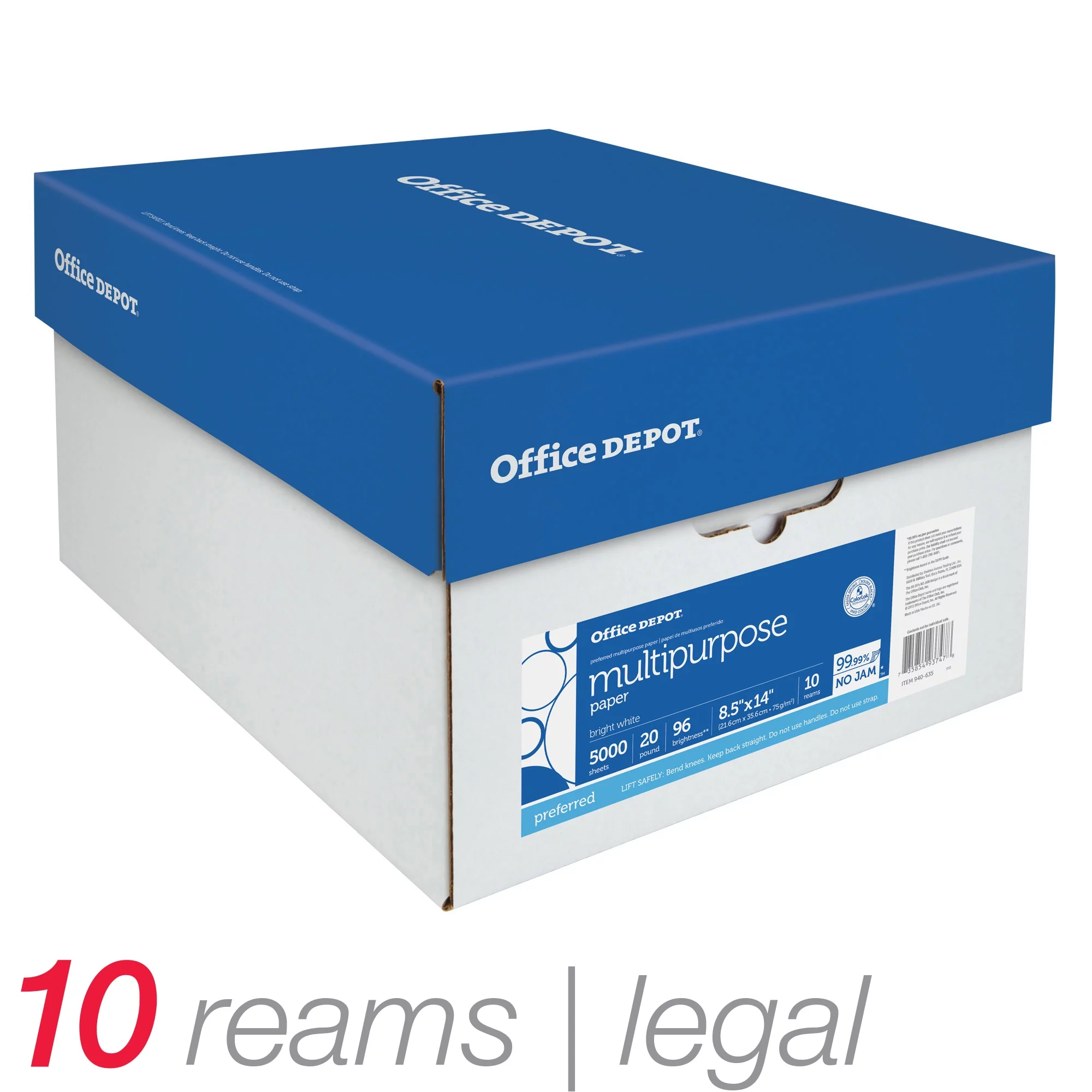Office Depot® Multi-Use Printer & Copy Paper, White, Legal (8.5" x 14"), 5000 Sheets Per Case, 20 Lb, 96 Brightness