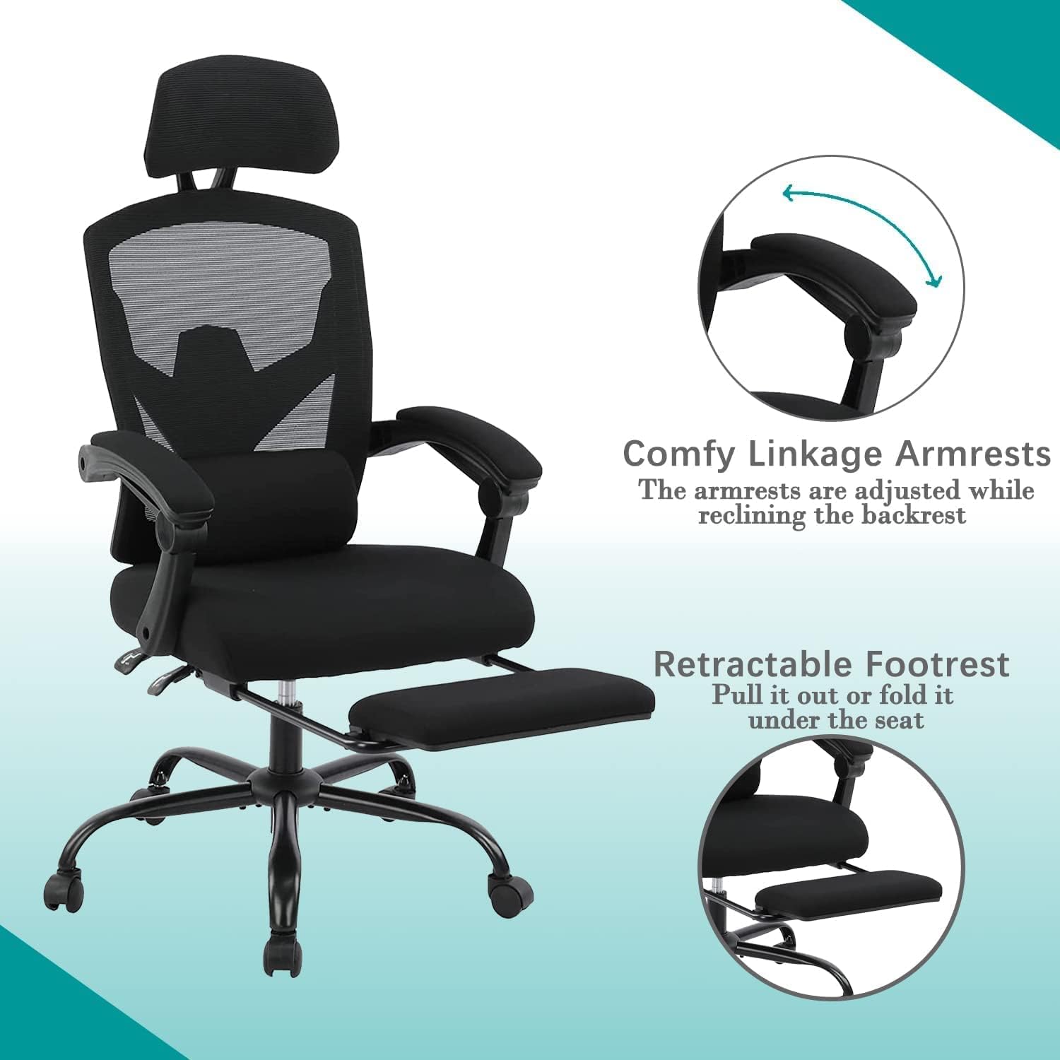 Ergonomic Office Chair, Reclining High Back Mesh Chair, Computer Desk Chair, Swivel Rolling Home Task Chair with Lumbar Support Pillow