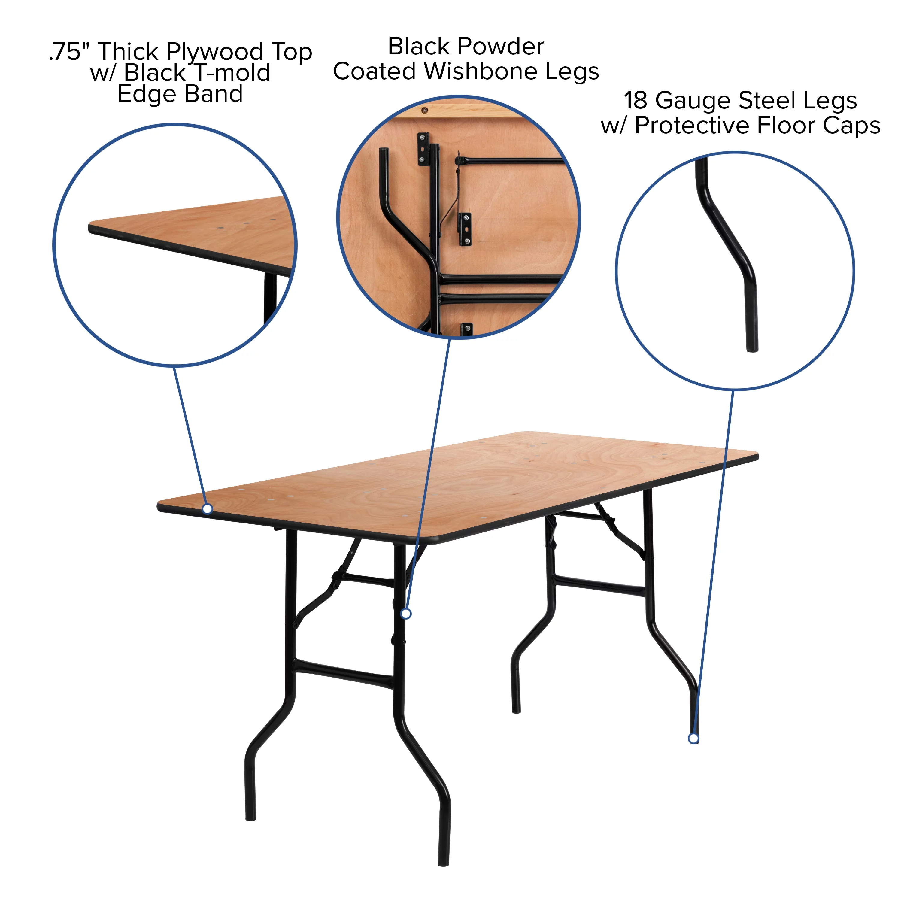 BizChair 5-Foot Rectangular Wood Folding Banquet Table with Clear Coated Finished Top