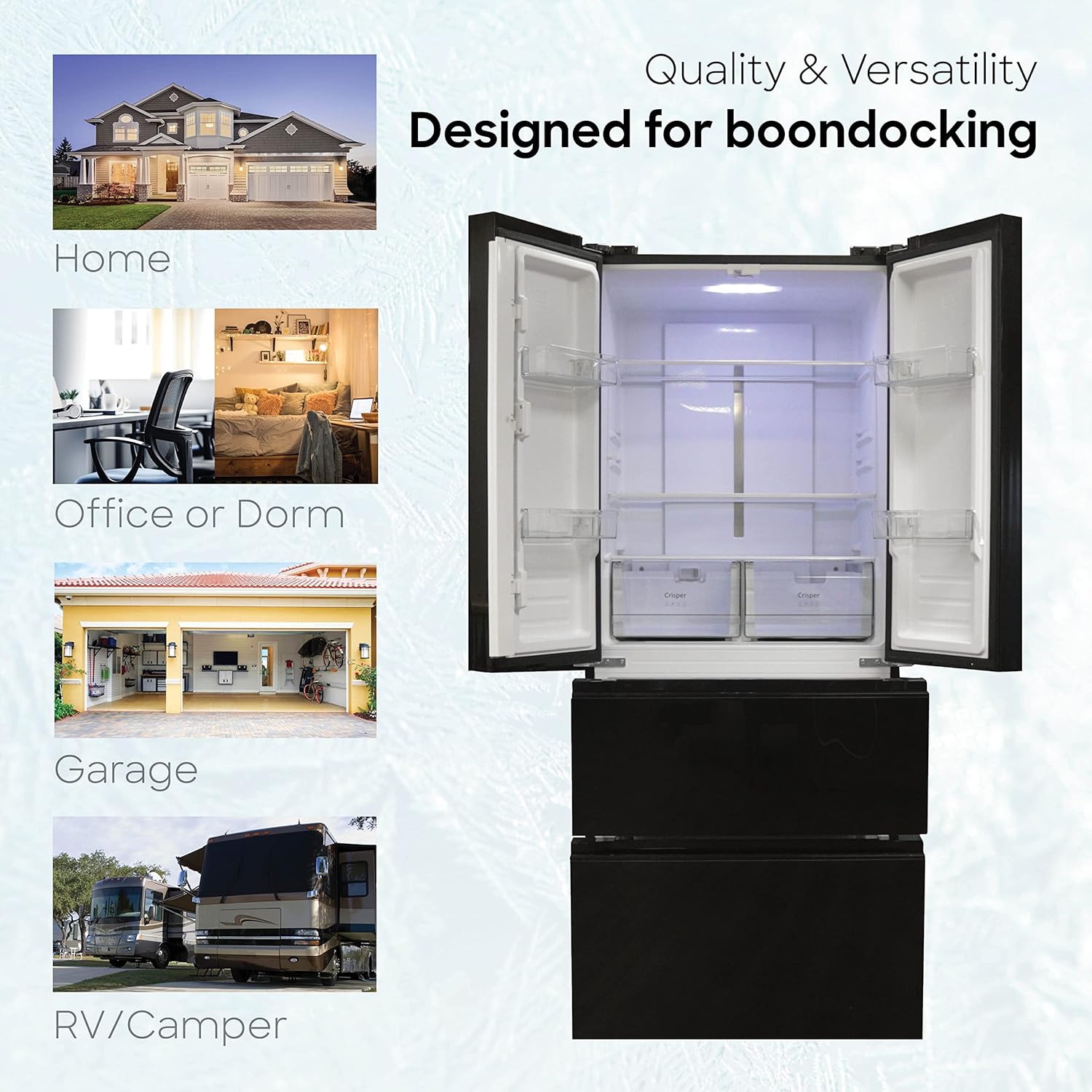 Everchill RV Refrigerator, 110V Fridge, 16.2 CU FT Capacity, 30 Inch Width, Frost Free, French Doors, Black with Glass Front