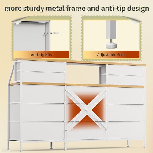 55" W Dresser for Bedroom, Dressers & Chests of Drawers with 13 Fabric Drawers and 2 Open Shelves, Long Vanity Dressers for Bedroom & Closet