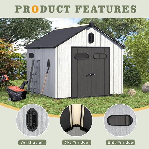 UDPATIO 6x6 FT Outdoor Storage Shed, Resin Plastic Shed with Floor Air Vents Side Windows Skylights Lockable Doors, Backyard Patio Garden, Grey