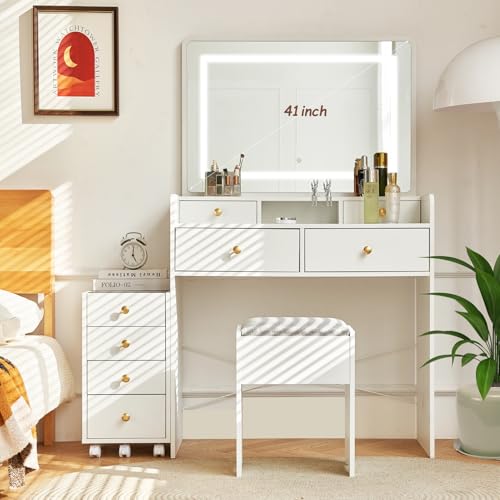 Vanity Desk with Mirror and Lights, Makeup Vanity Table with Drawers, Storage Stool
