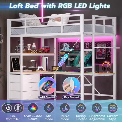 DICTAC Loft Bed Full Size with L-Shaped Desk and Charging Station Full Metal Bed Frame with LED Lights,Open Shelves and 3 Fabric Storage Drawers