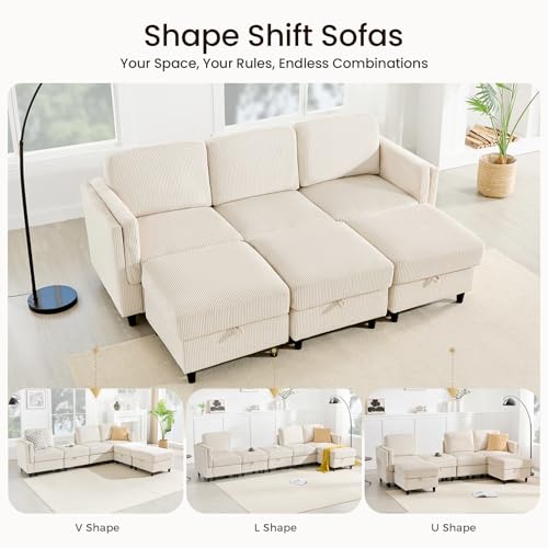 KKL Modular Sectional Sofa Bed with Storage Ottoman, Convertible L/U-Shaped Sleeper Couch for Living Room, Modern Reversible Design, Beige