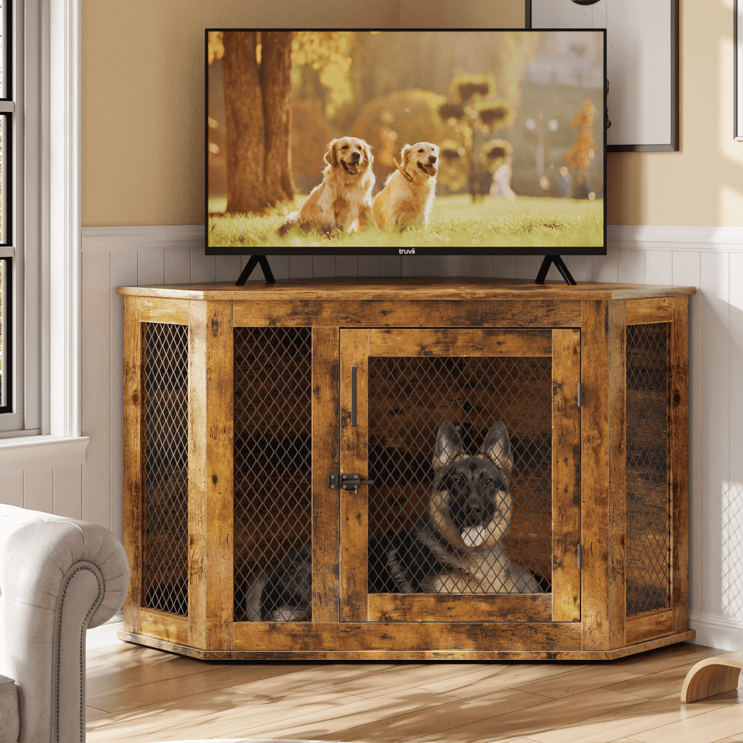 Bossin 44"Corner Dog Crate Furniture，Wooden Dog Kennel Indoor Furniture，Decorative Dog Crate