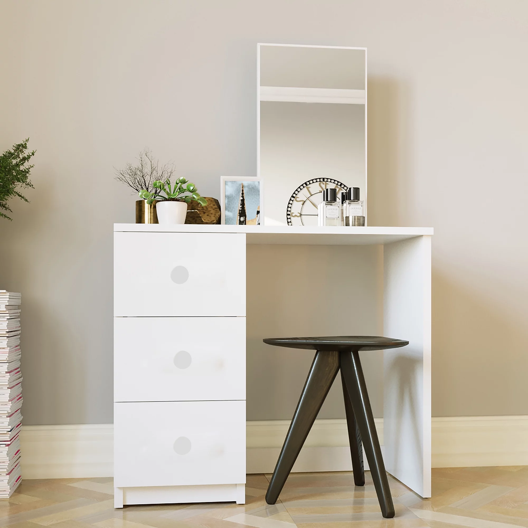 Boahaus Kira Mini Modern Vanity Table 3 Drawers, Mirror, Ample Table Top, White Painted for Bedroom