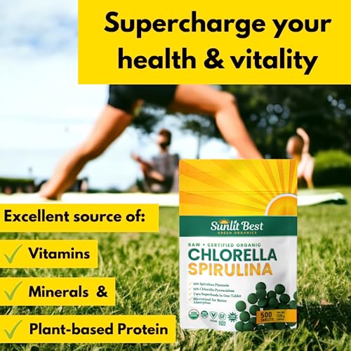 Sunlit Best Organic Chlorella Spirulina 500 Tablets - Pure Superfood Supplement Spirulina Chlorella Pills with Burst & Cracked Cell Wall Algae