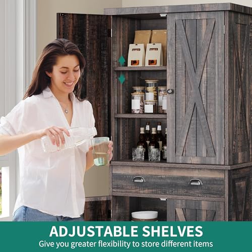 YITAHOME 72'' Tall Kitchen Pantry Cabinets, Farmhouse Storage Cabinets with Barn Doors, Drawer ＆ Adjustable Shelves