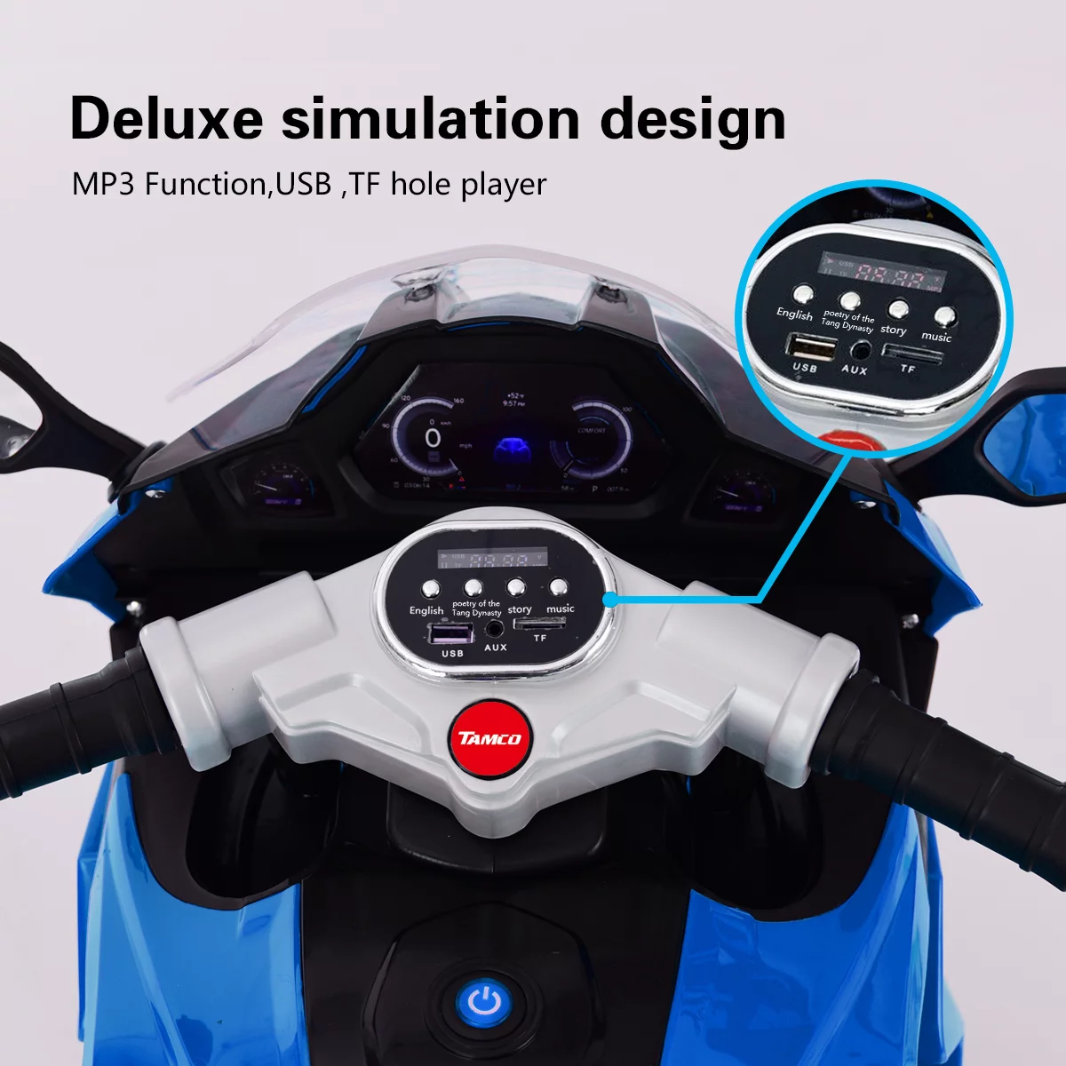 LightingGo 12V Kids Electric Motorcycle, 3 Wheels Ride on Motorcycle Toys, Children Battery Motor Bikes Rechargeable with MP3, Music,Blue