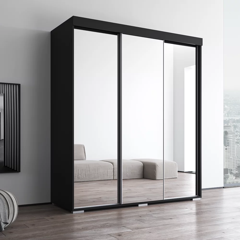 Aria 3 Door 71" Wide Modern High Gloss Wardrobe Armoire, Black Body with All Mirror Fronts