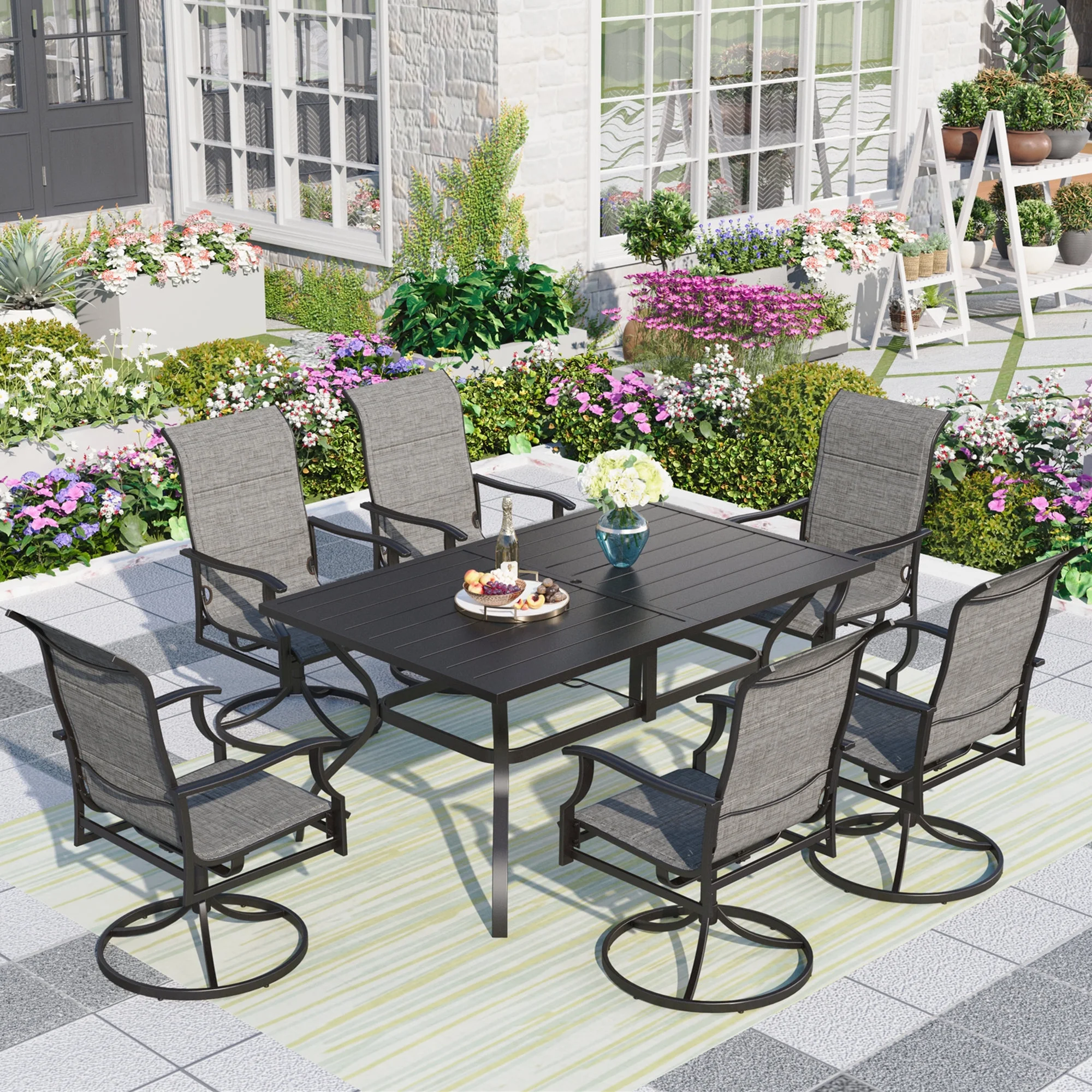 MF Studio 7-Piece Outdoor Patio Dining Set with High-Back Swivel Padded Chairs & Rectangle Table with Umbrella Support, Black & Gray